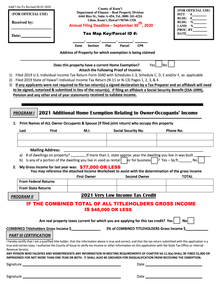 Fillable Online 2021 Additional Home Exemption Relating to Owner