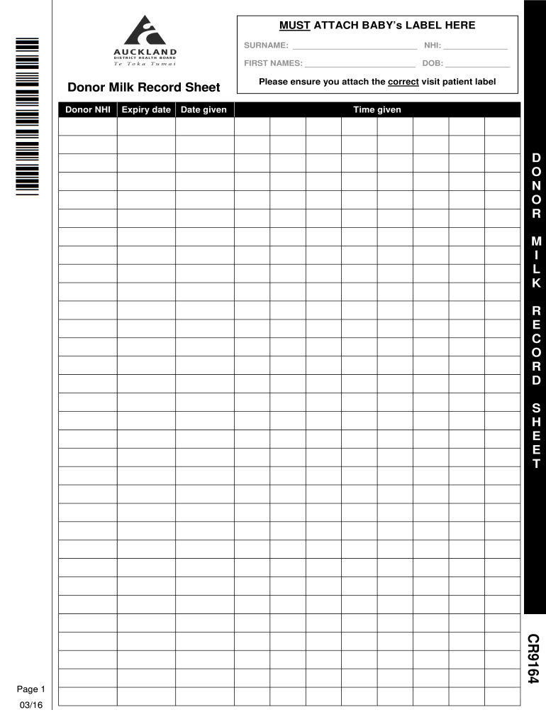 CR9164 Donor Milk Record Sheet0316 Preview on Page 1