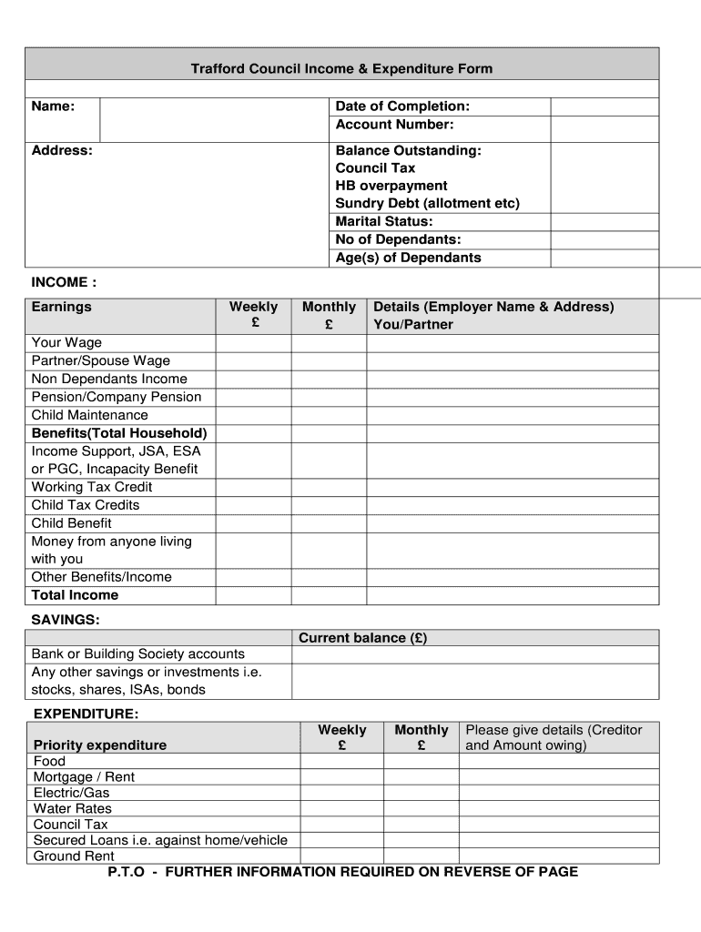 Trafford Council Income & Expenditure Form Name: Date of Preview on Page 1