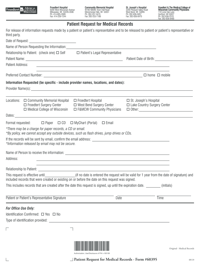 Fillable Online Patient Request for Medical Records Froedtert Health