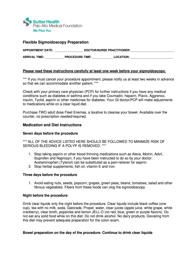 Fillable Online Palo Alto Medical Foundation Flexible Sigmoidoscopy Preparation. Instructions