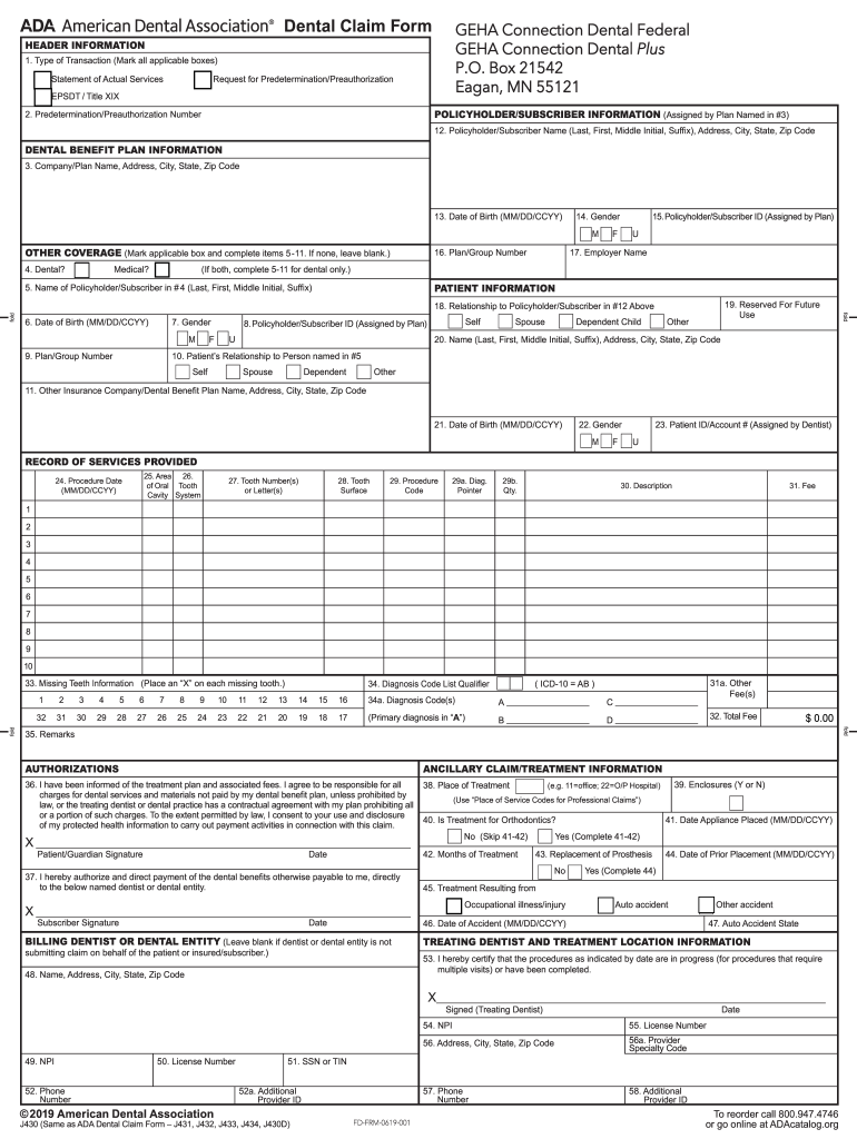 2019 ada dental claim form Preview on Page 1