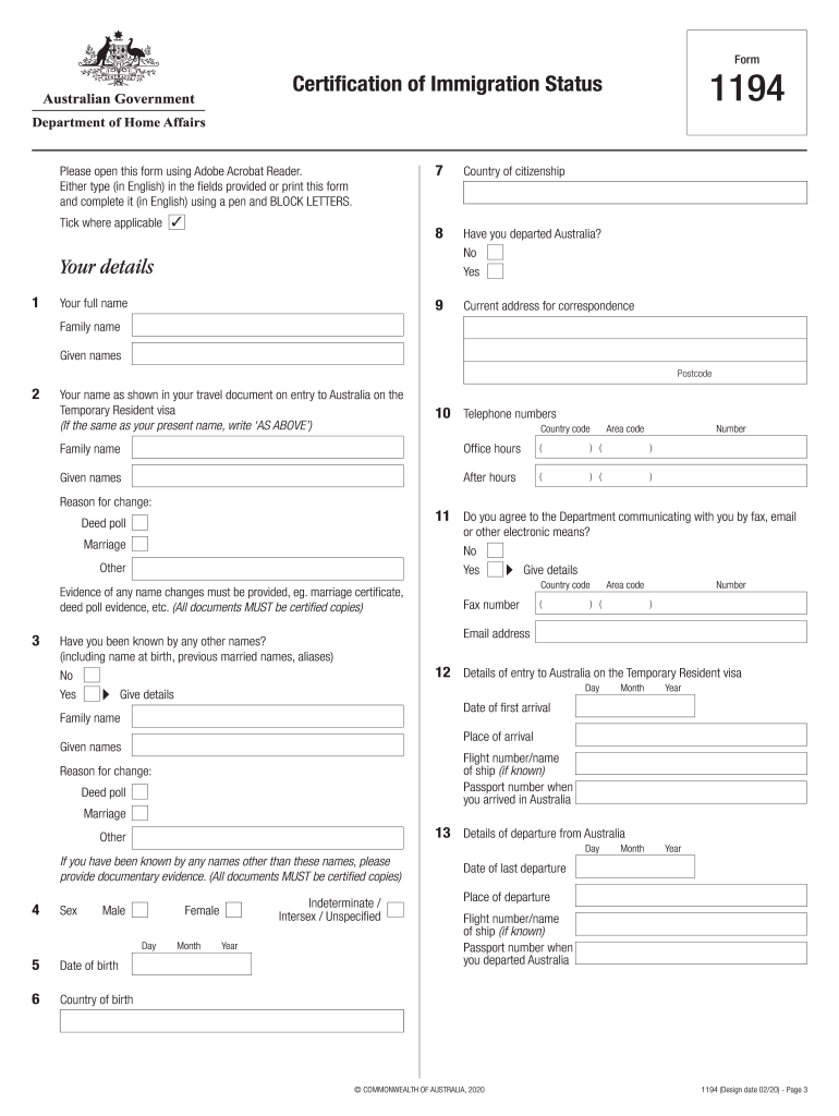 Fillable Online 1194 Certification of Immigration Status. 1194