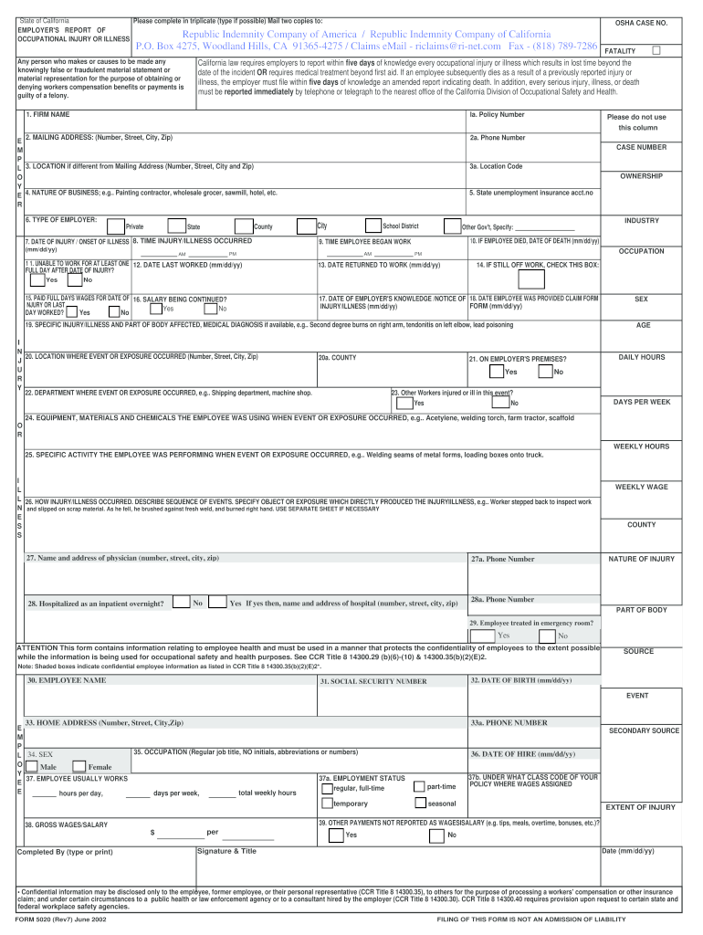 2020 2022 Republic Indemnity Company Claims Kit Forms Packet Fill 