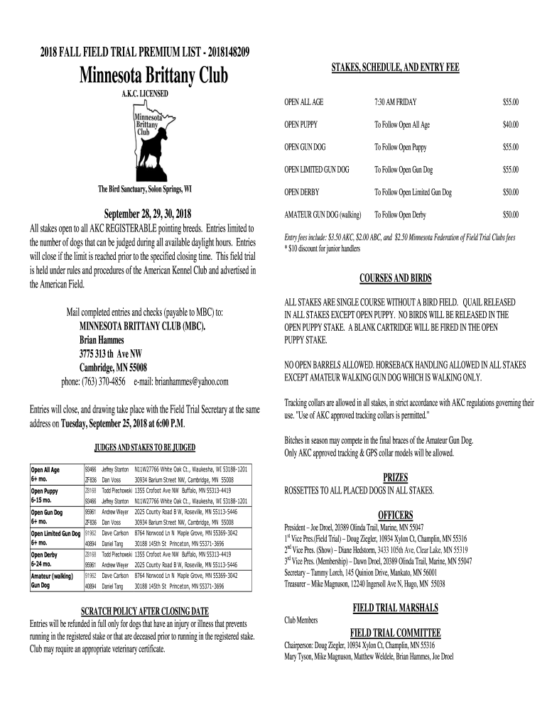 Fillable Online st croix valley brittany club American Kennel Club