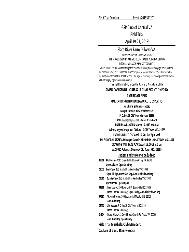 Fillable Online GSP Club of Central VA Field Trial April 19?21, 2019