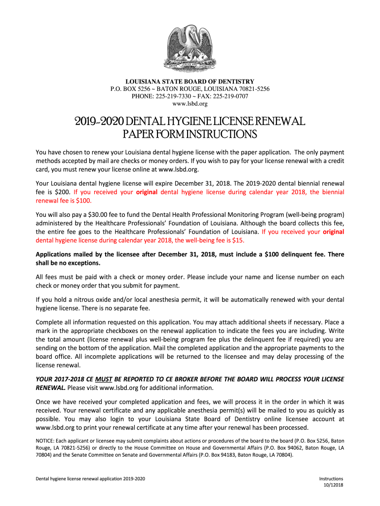 Fillable Online 20192020 DENTAL HYGIENE LICENSE RENEWAL PAPER FORM