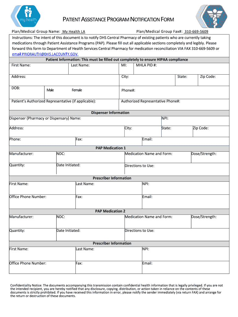 Fillable Online PATIENT ASSISTANCE PROGRAM NOTIFICATION FORM Fax Email ...