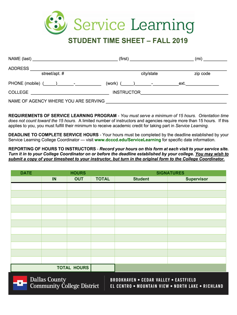 Fillable Online Service Learning Program Student Time Sheet Fax Email ...