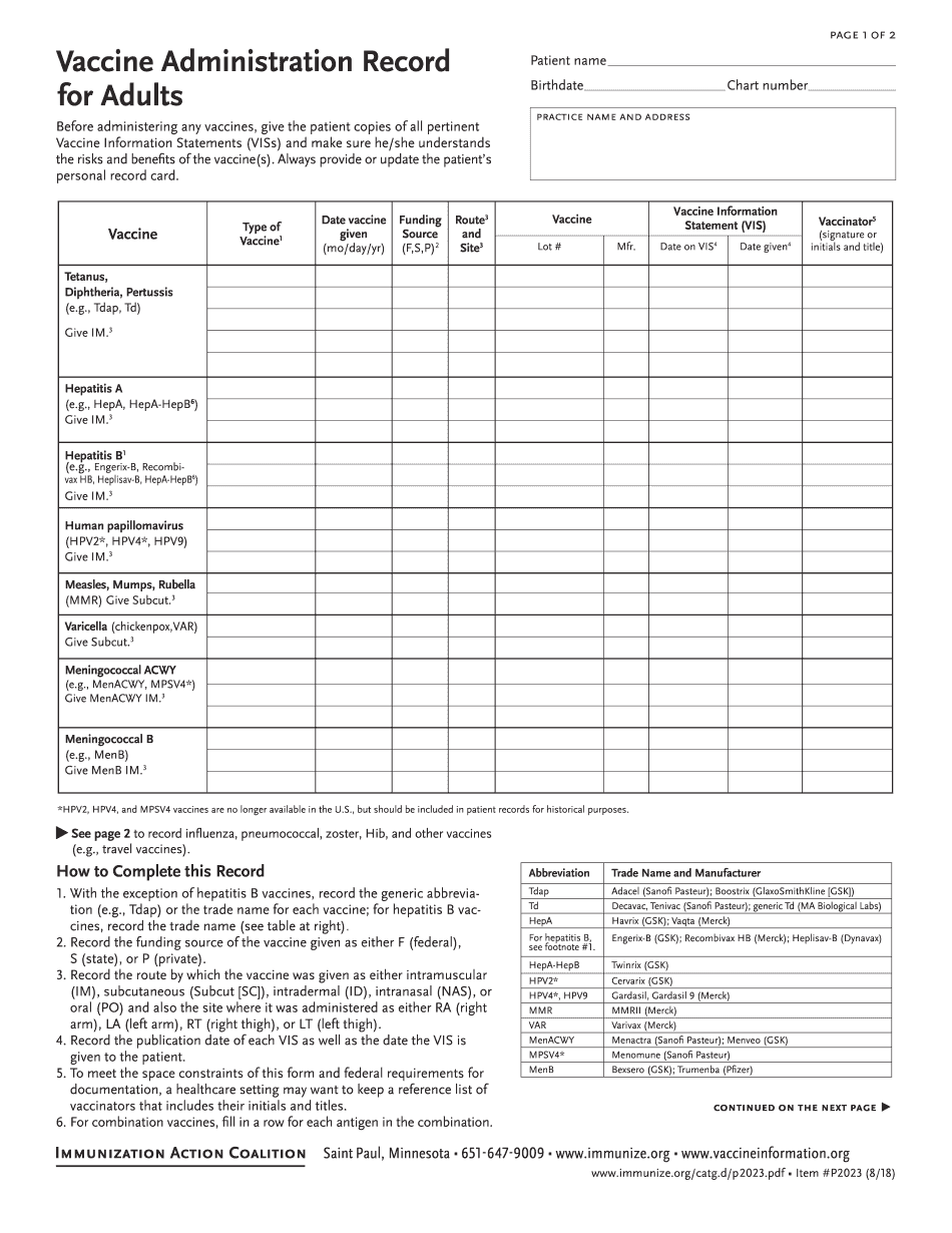 Vaccination Form For Adults