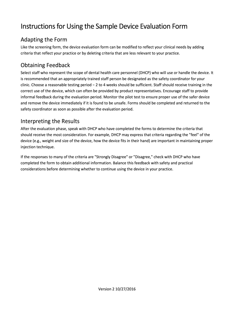 Fillable Online Instructions for Using the Sample Device Evaluation