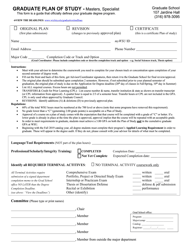 Fillable Online GRADUATE PLAN OF STUDY Masters, Specialist Fax Email