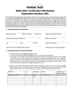 2020-2021 (V5) Dependent Student Verification Worksheet