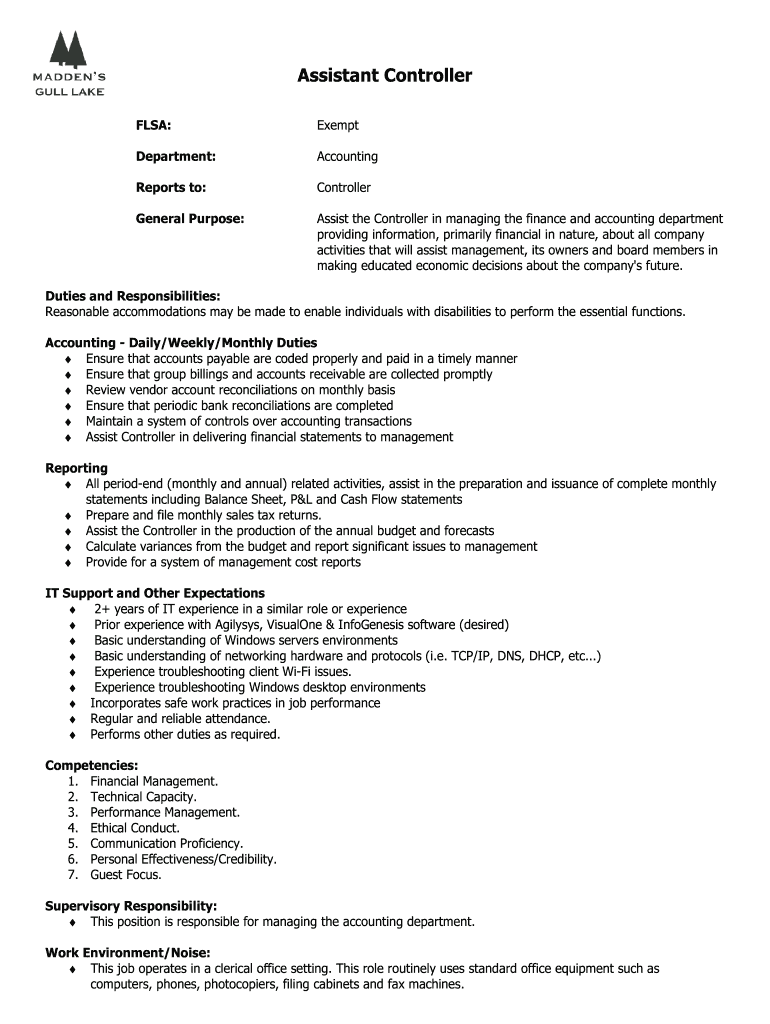Fillable Online Assistant Controller Job Description Madden's on Gull