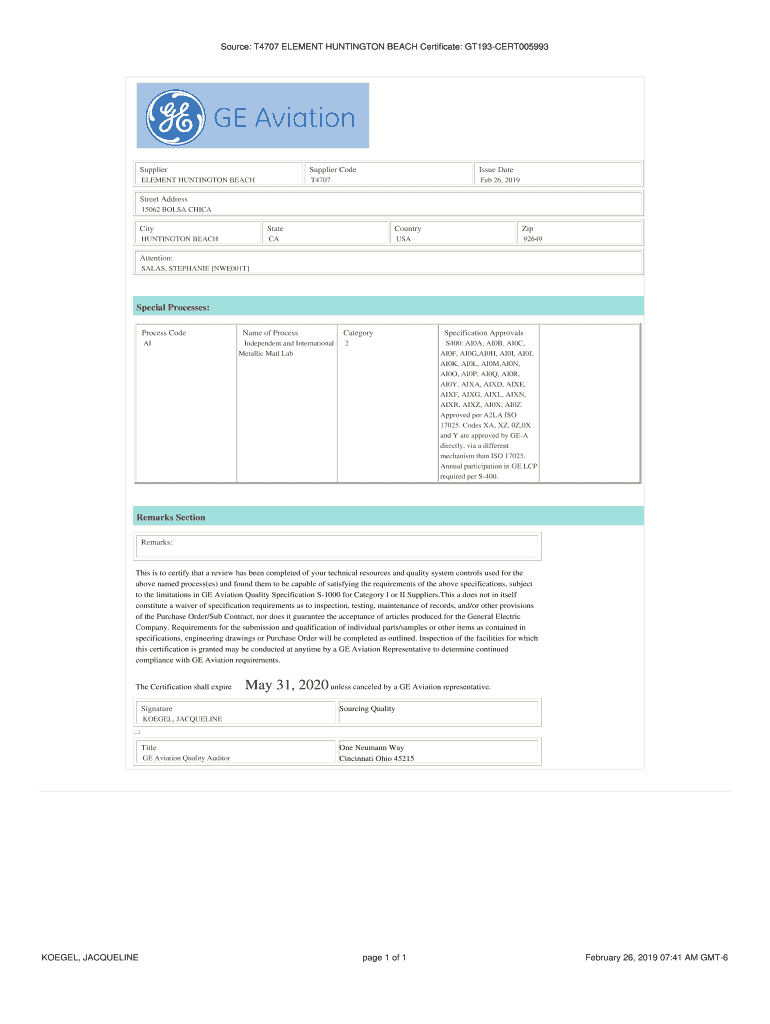 Fillable Online Source T4707 ELEMENT HUNTINGTON BEACH Certificate Fax