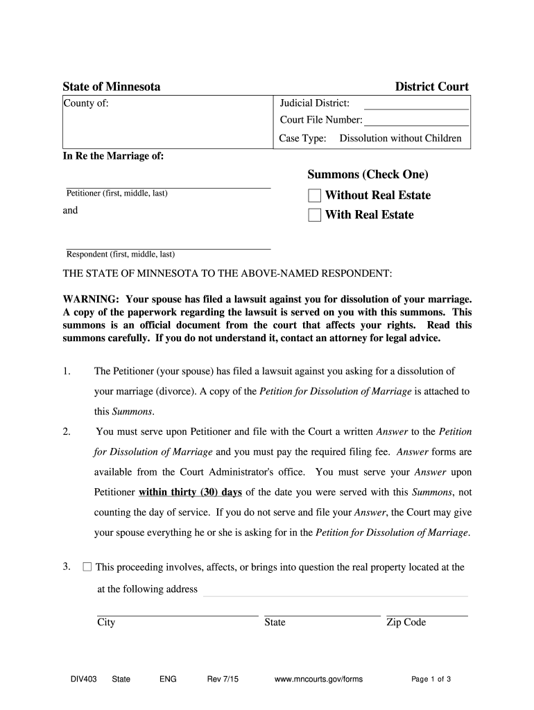 State of Minnesota District Court Summons (Check One) Without Preview on Page 1