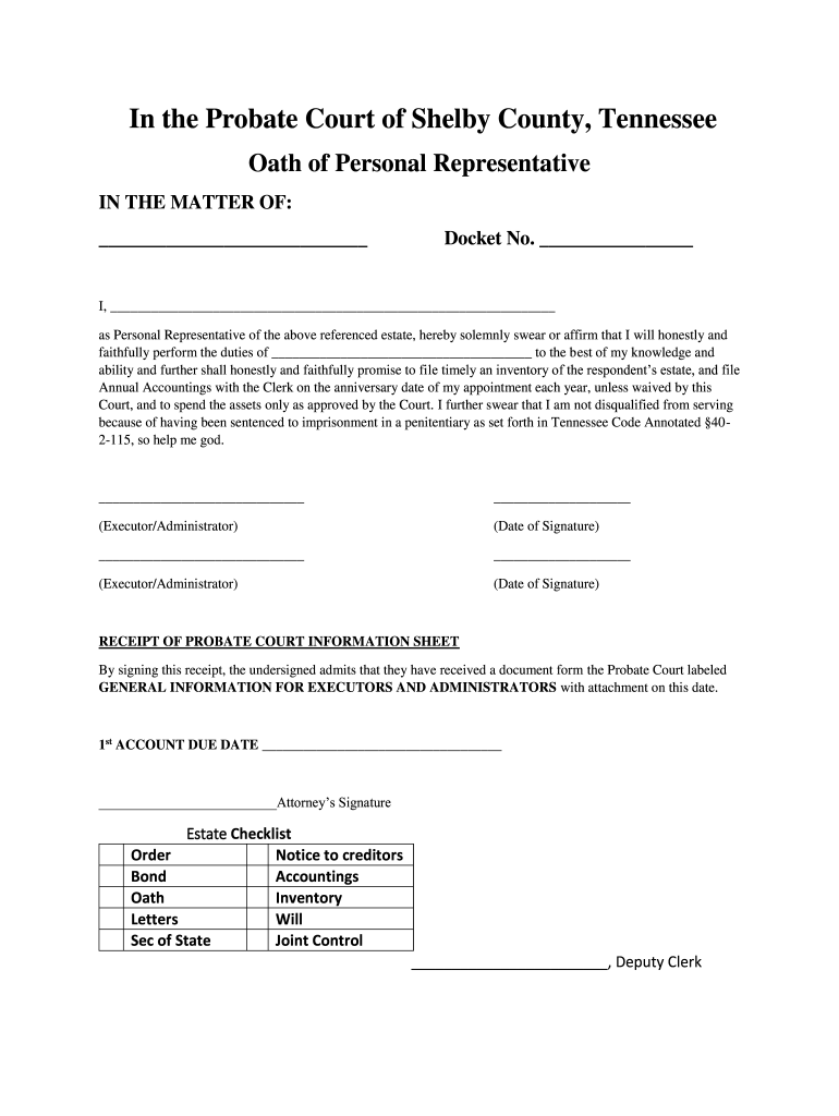 Fillable Online In the Probate Court of Shelby County, Tennessee Oath of  Personal ... Fax Email Print - pdfFiller