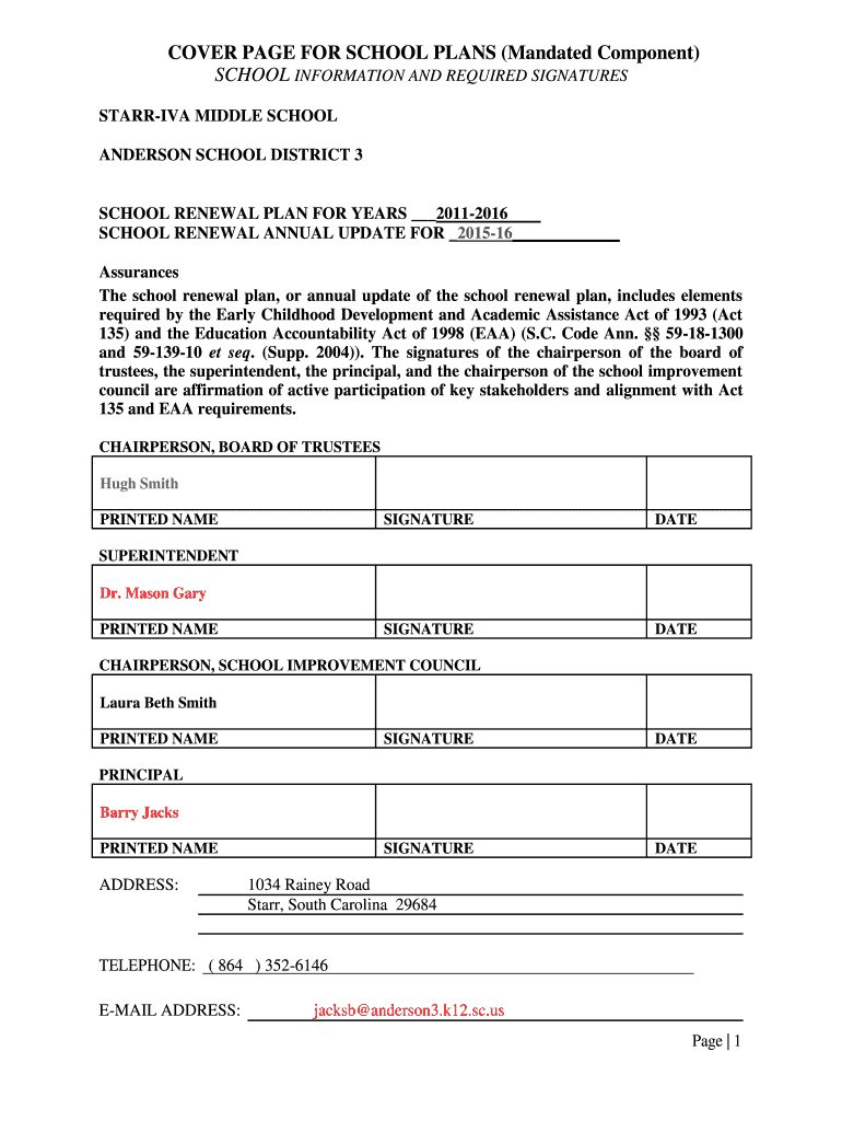 Fillable Online StarrIva Middle School Anderson School District 3