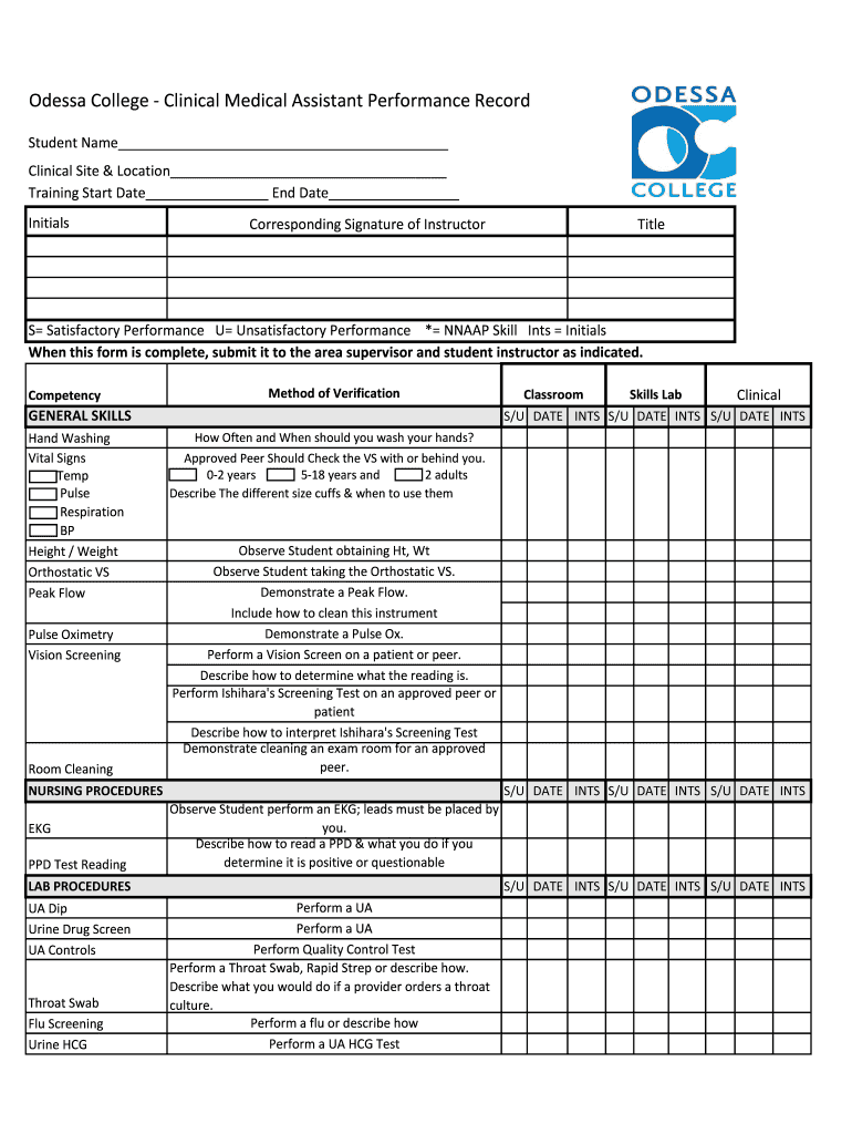 Odessa College - Clinical Medical Assistant Performance Record Preview on Page 1