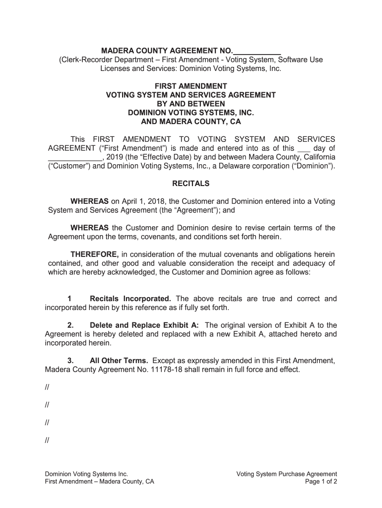 First Amendment - Dominion Voting Systems, Inc. Agreement Preview on Page 1