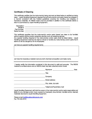 Fillable Online Certificate of Cleaning Fax Email Print - pdfFiller