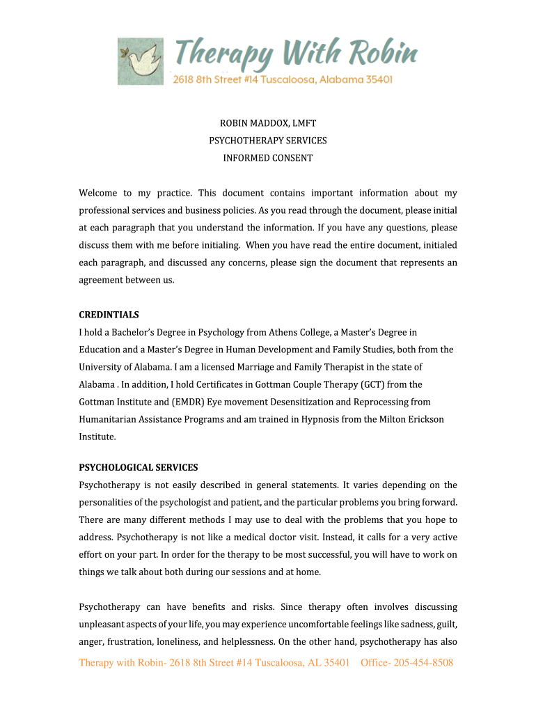 Fillable Online Therapy With Robin, Marriage & Family Therapist, Tuscaloosa Fax Email Print