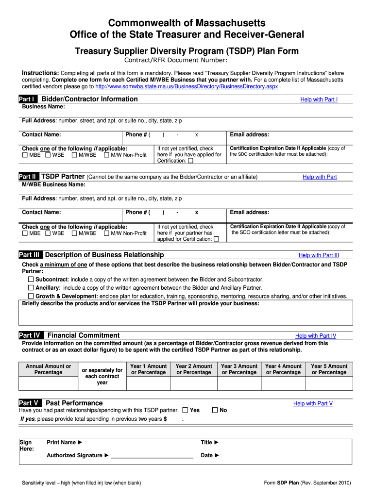 Fillable Online Treasury Supplier Diversity Program (TSDP) Plan Form