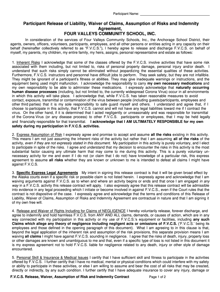 Fillable Online Addendum to Participant Release of Liability, Waiver of ...