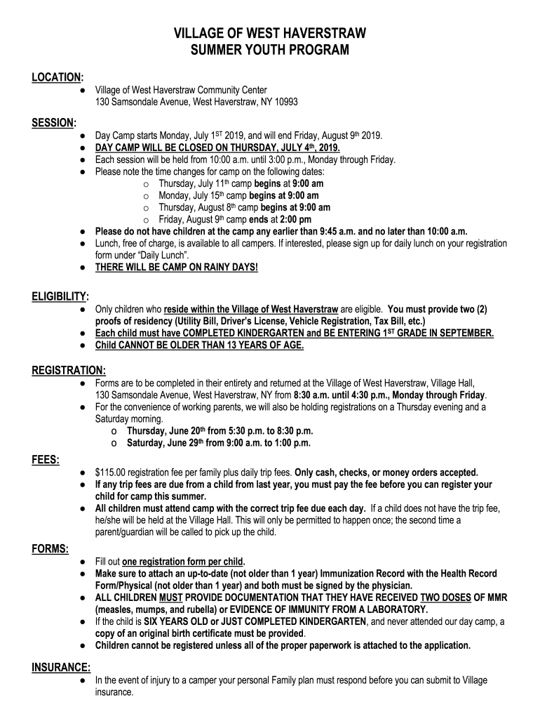 West Haverstraw Day Camp 2022 Fill Online, Printable, Fillable, Blank