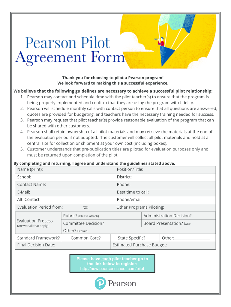Fillable Online 2016 Pearson Pilot Agreement Form Fax Email Print pdfFiller