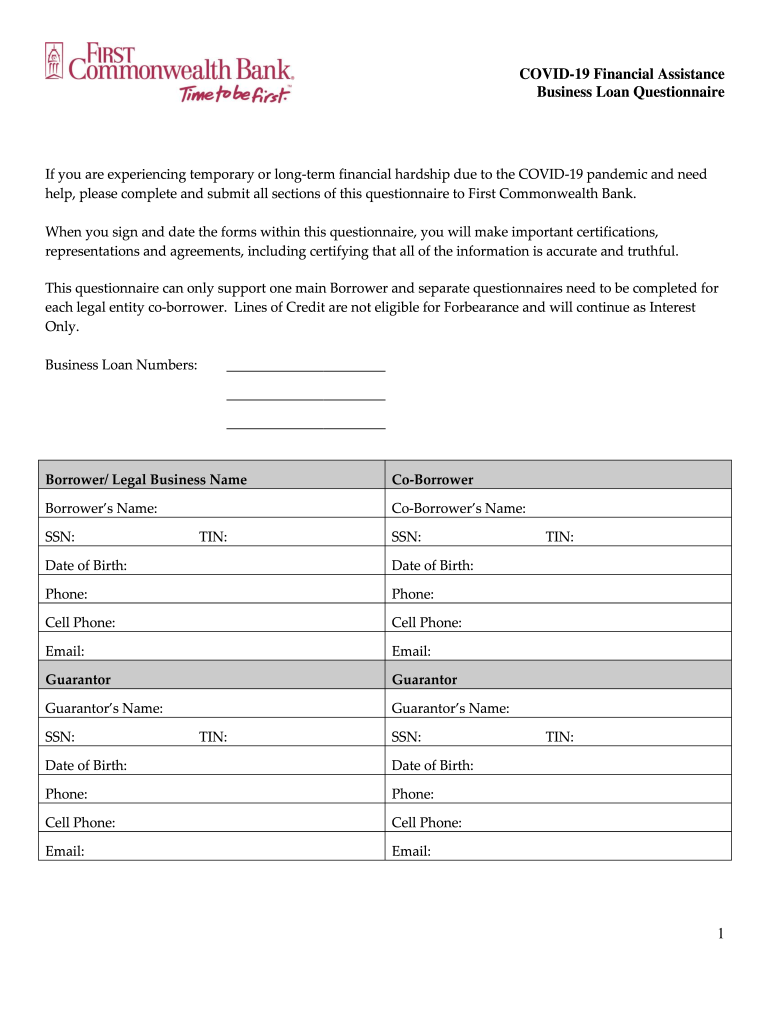 Business Loan Questionnaire - First Commonwealth Bank Preview on Page 1