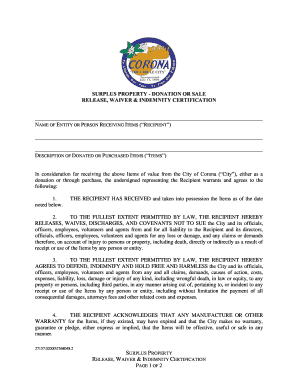 Surplus property - donation or sale release, waiver & indemnity ...