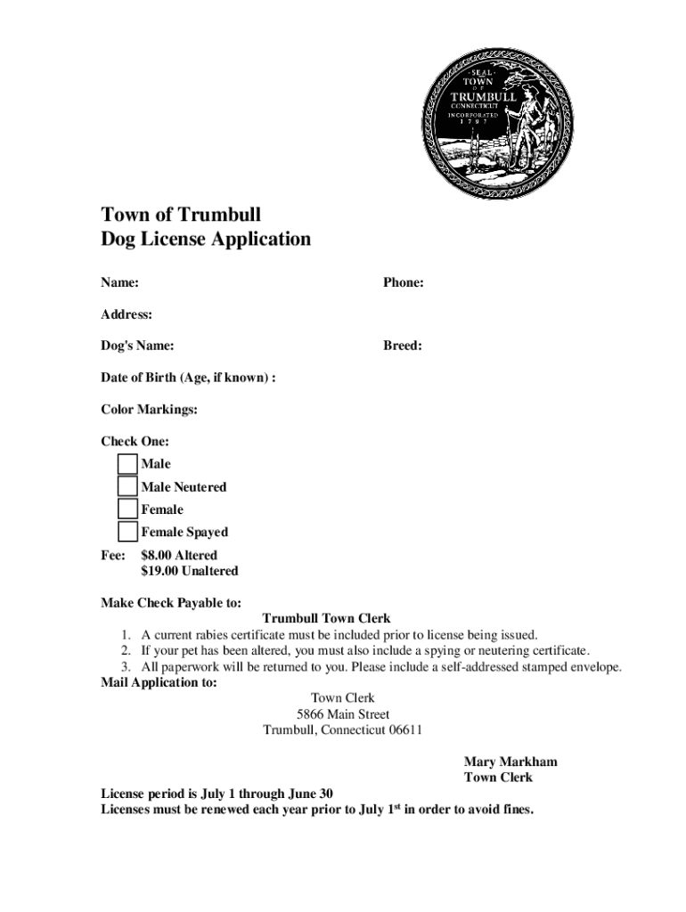 Town of Trumbull Dog License Application Preview on Page 1