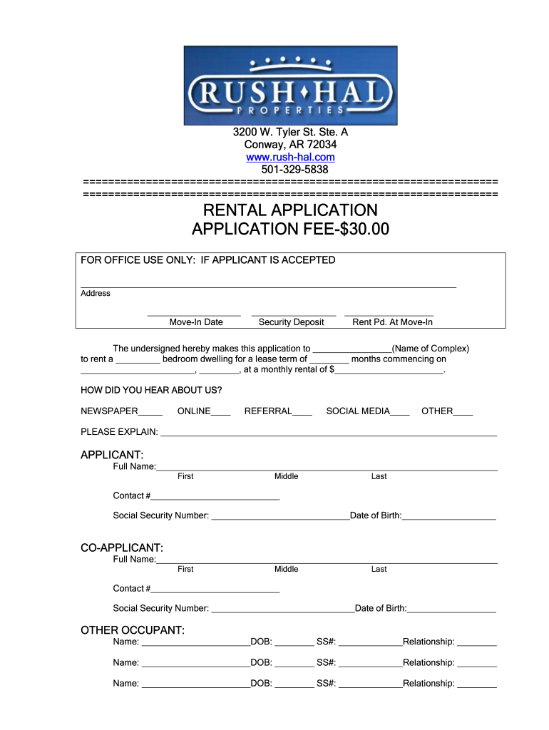 Fillable Online RENTAL APPLICATION APPLICATION FEE30.00 Rush Hal