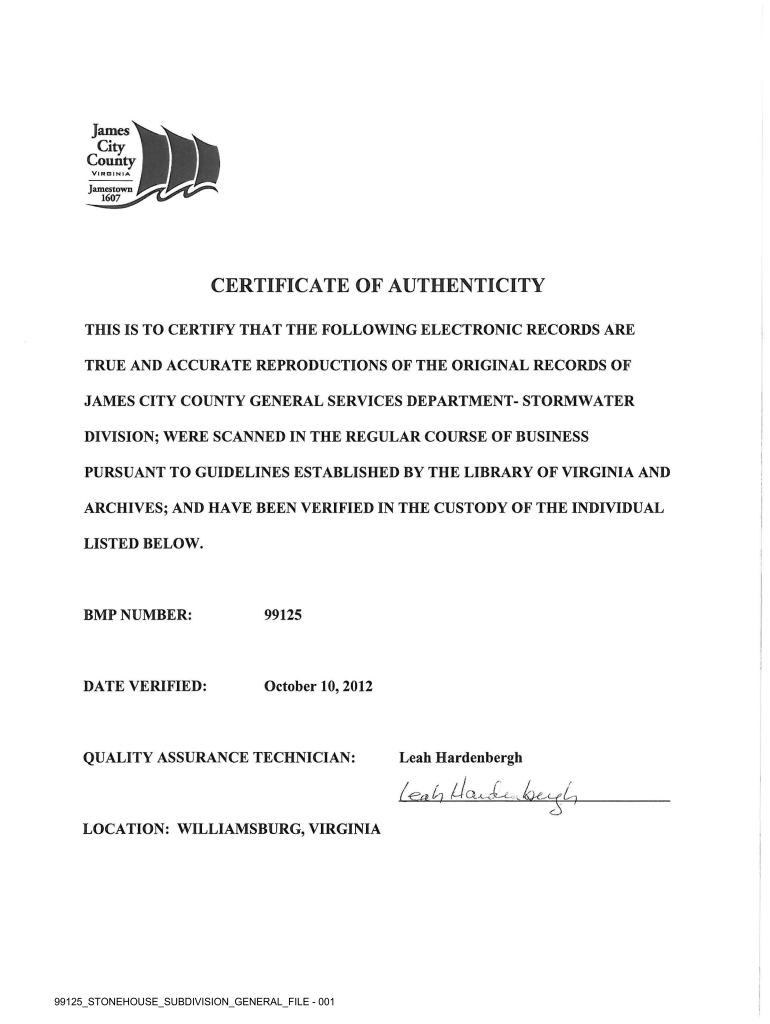 Fillable Online CERTIFICATE OF AUTHENTICITY James City County