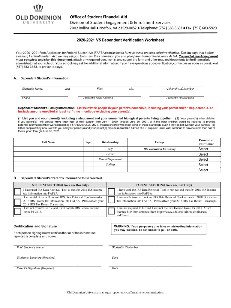 Fillable Online Fillable Online odu Office of Student Financial Aid