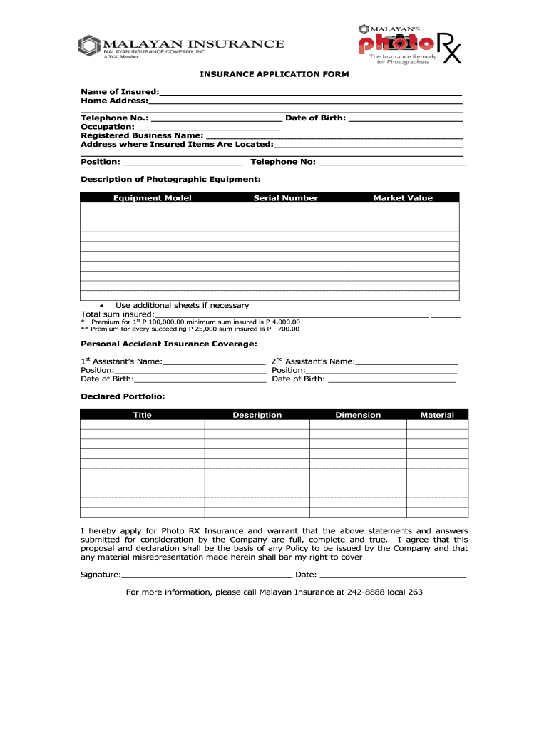 Fillable Online Photography Equipment Insurance Application Form Fax