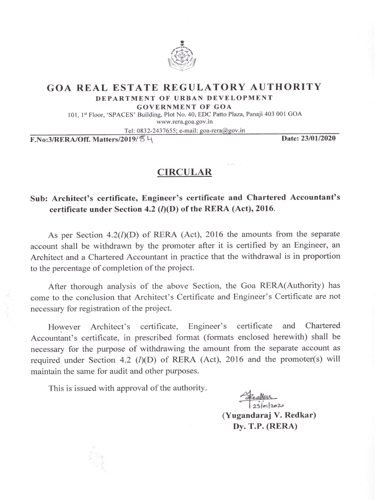 Fillable Online Architect's certificate, Engineer's certificate and RERA Goa Fax Email
