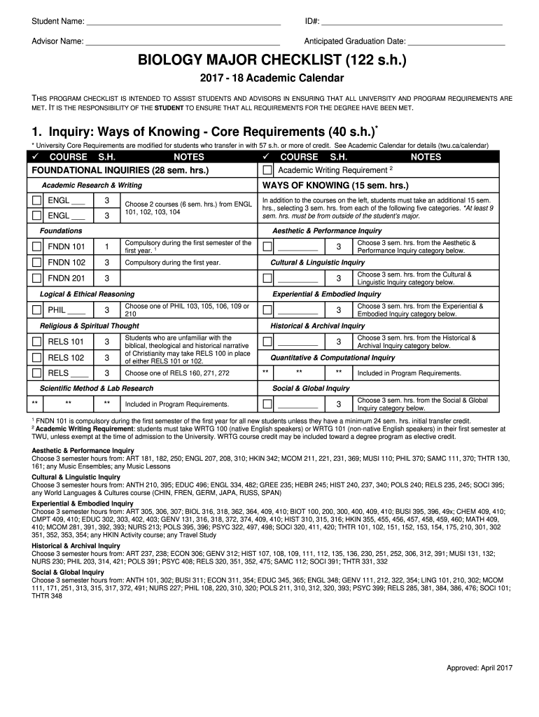 Fillable Online BIOLOGY MAJOR CHECKLIST 122 S Fax Email Print PdfFiller