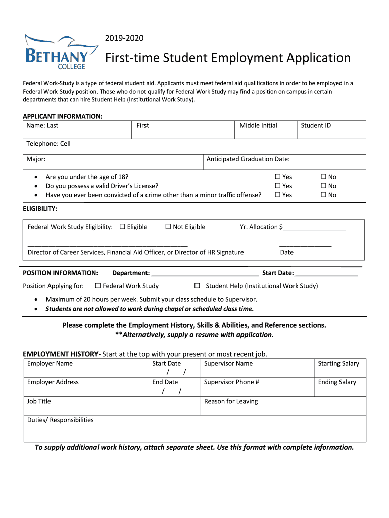 Fillable Online Firsttime Student Employment Application Fax Email
