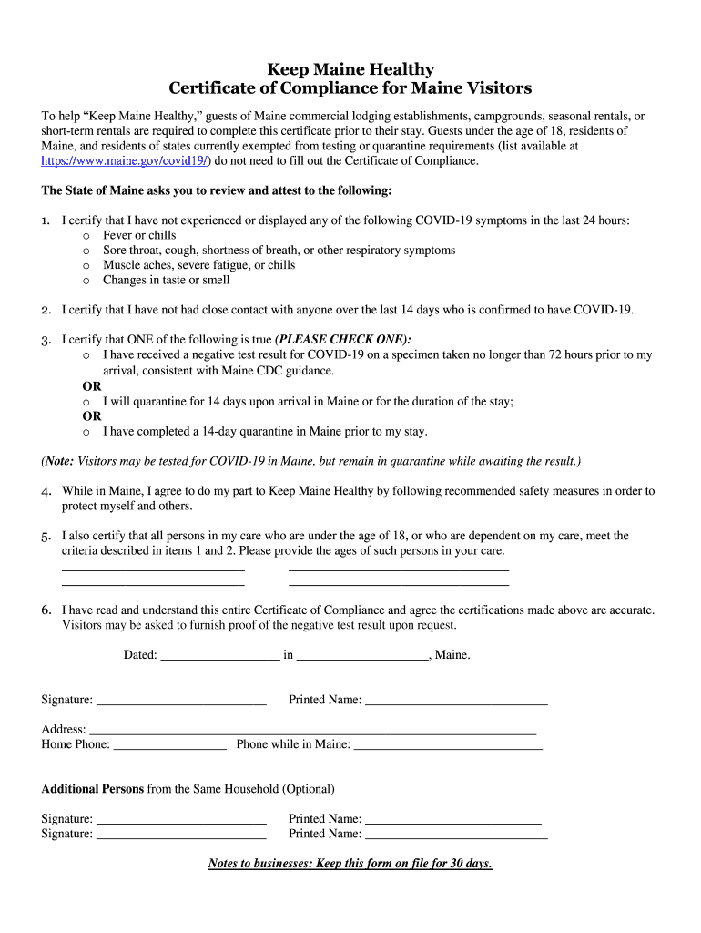 keep maine healthy certificate of compliance Preview on Page 1.