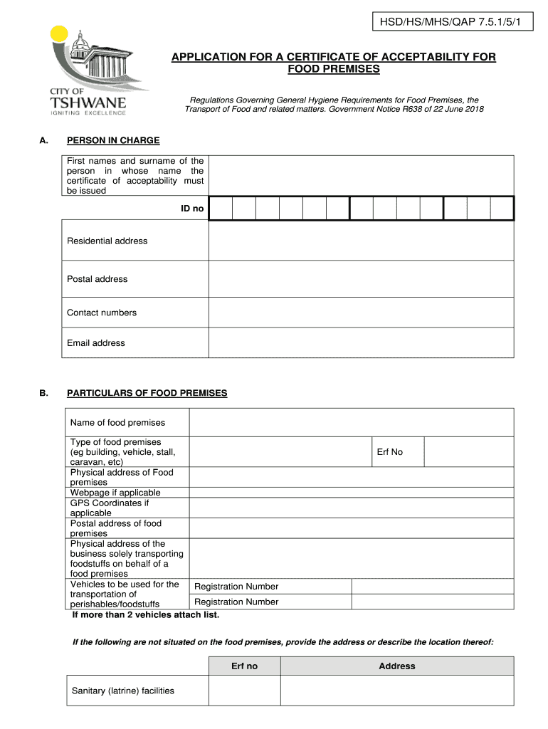 Certificate Of Acceptability Application Form Tshwane Fill Online 