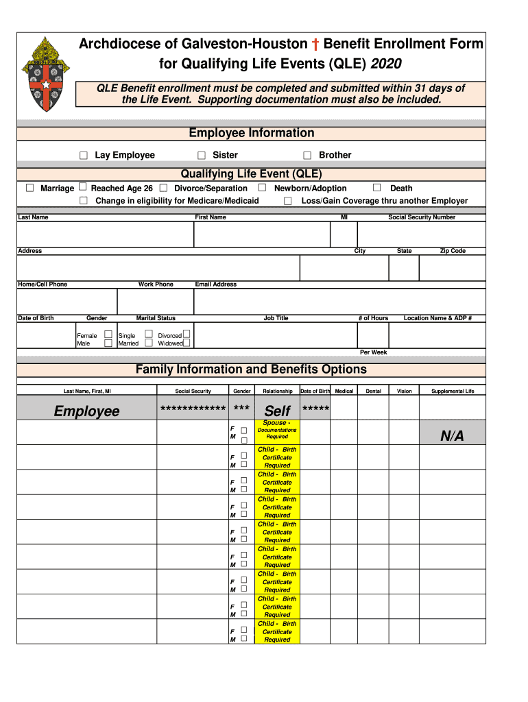 Archdiocese of Galveston-Houston Benefit Enrollment Form for Preview on Page 1