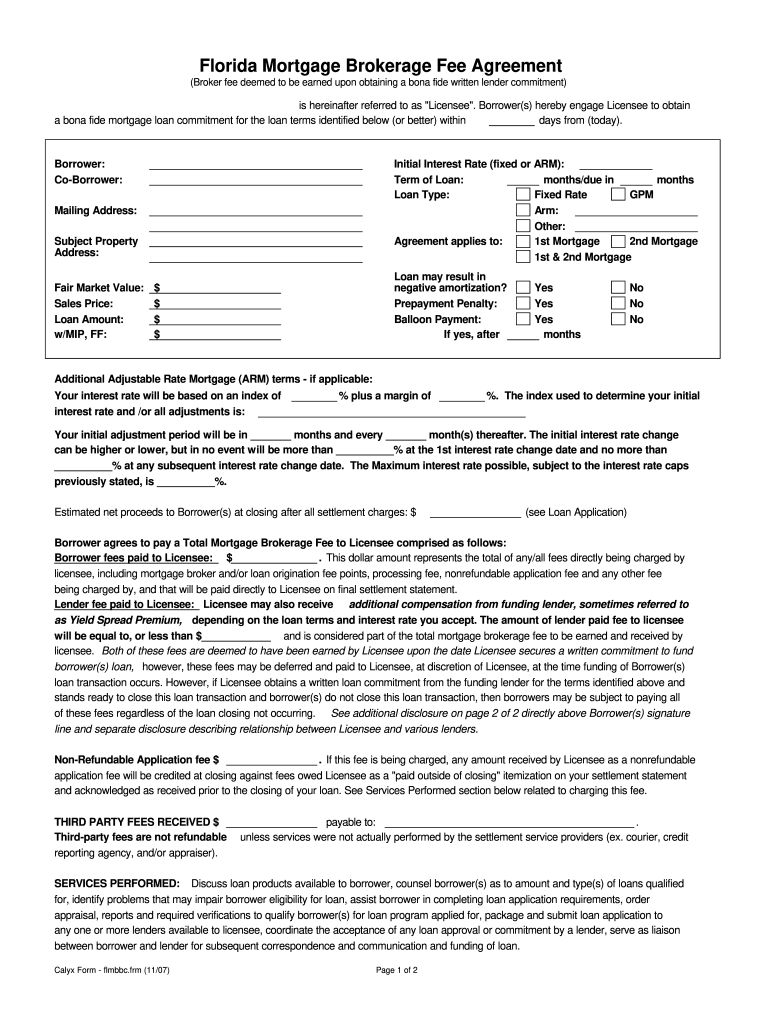 Fillable Online Florida Mortgage Brokerage Fee Agreement Form printable