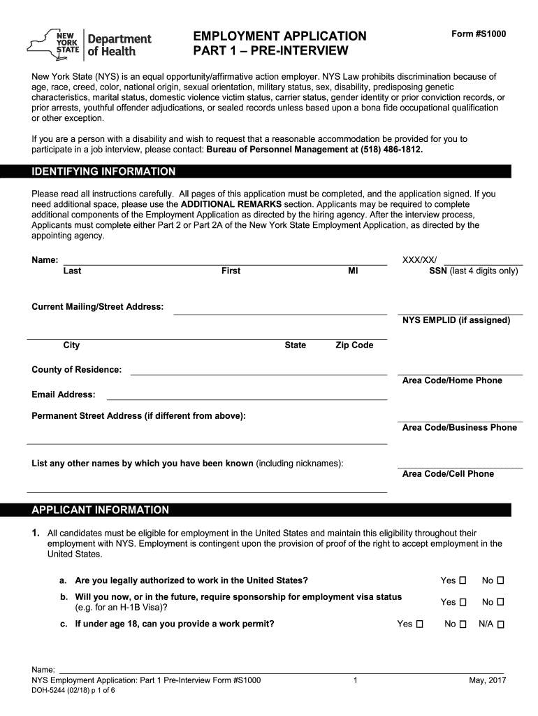 New York State Employment Application Form S1000 Preview on Page 1