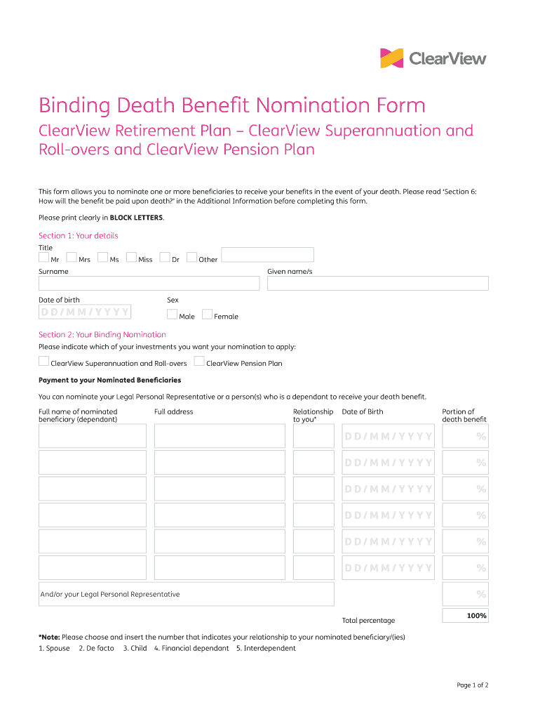 Fillable Online Binding Death Benefit Nomination Form ClearView Fax