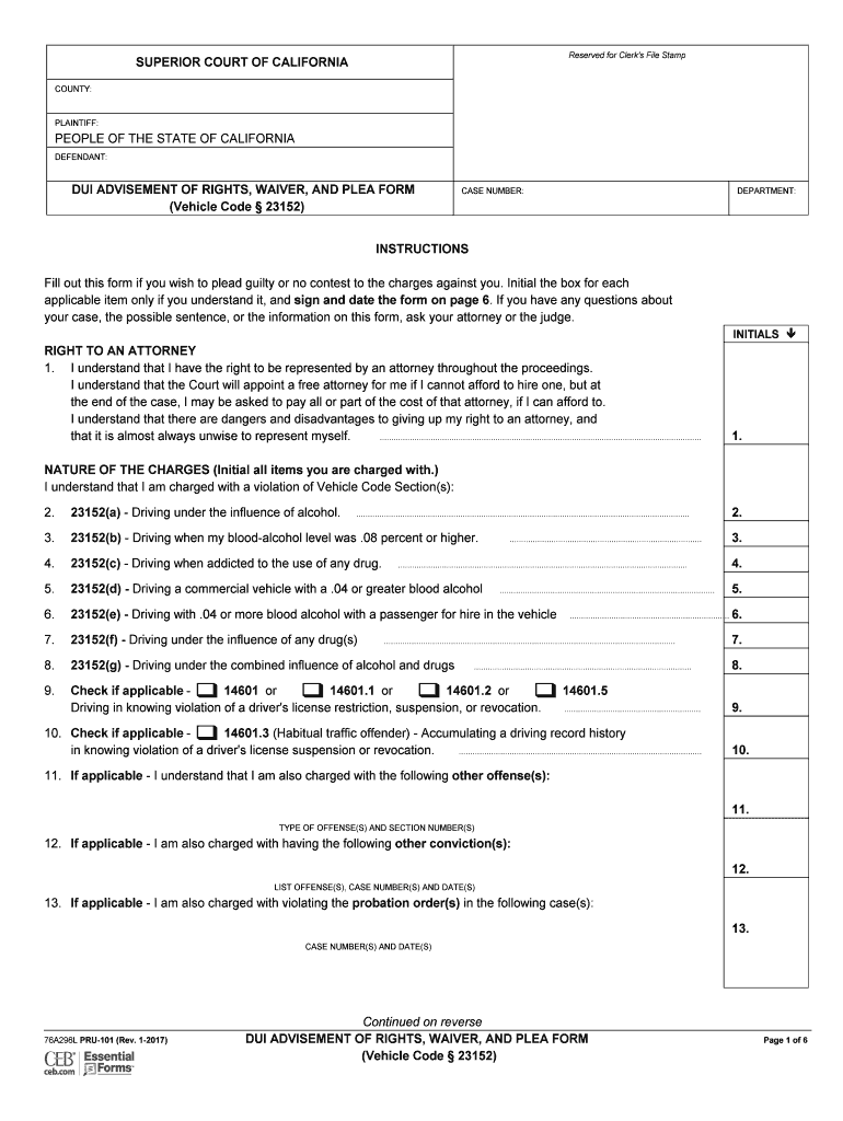 PRU-101 - DUI Advisement of Rights, Waiver, and Plea Form (Vehicle Code23152) Preview on Page 1