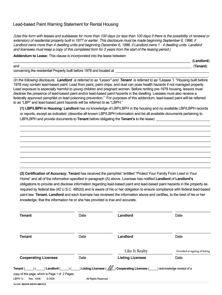 Fillable Online Leadbased Paint Warning Statement for Rental Housing