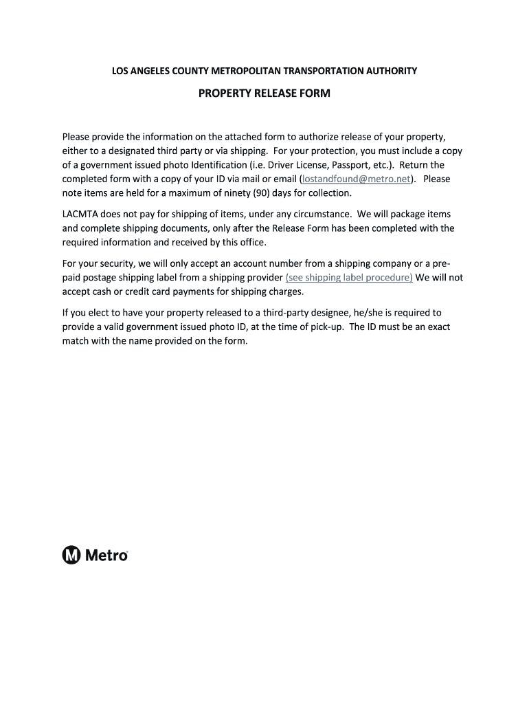 Fillable Online 2019 PROPERTY RELEASE FORM Metro Lost and Found