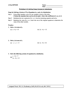 Fillable Online Worksheet 1-5: Solving Linear Systems by Substitution ...